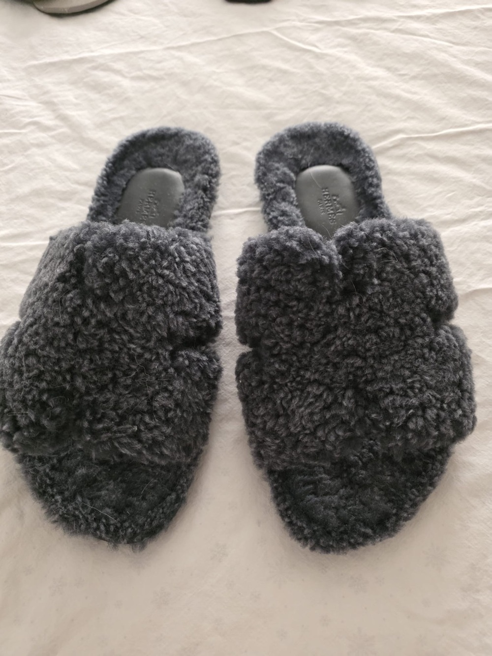 Hermes Charcoal Shearling Slide Slippers